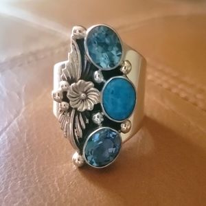 🍂Sterling Silver Turquoise and Topaz Ring...Adjustable Size
